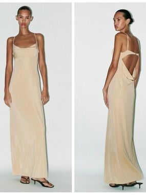 Zara NWT Beige Nude Cowl Neck Open Back Maxi Slip Dress Size S